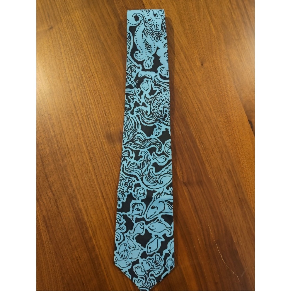 Vintage Key West Hand Print Fabrics Cotton Tie Blue Black Fish Octopus Aquatic